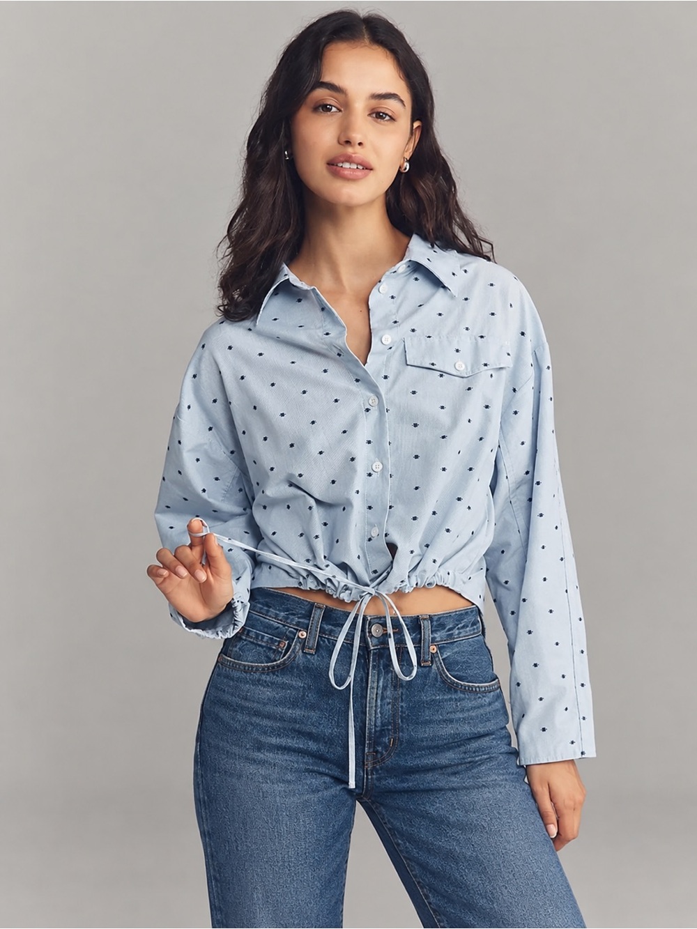 Maeve Light Blue Polka Dot Drawstring Crop Button-Down